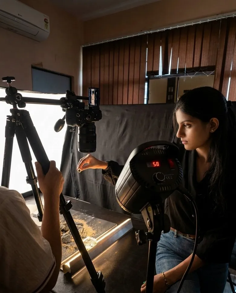 Tanisha calibrating overhead DSLR camera rig and studio strobe light
