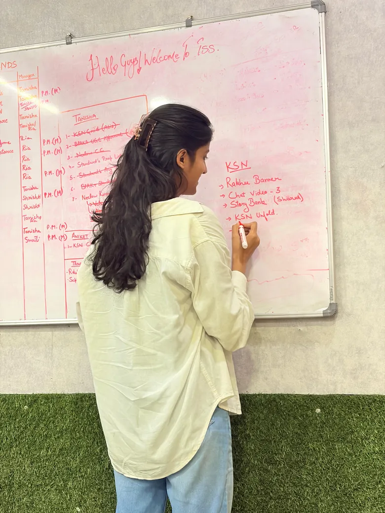 Tanisha whiteboard campaign planning, story banks, and Standard's prop lists